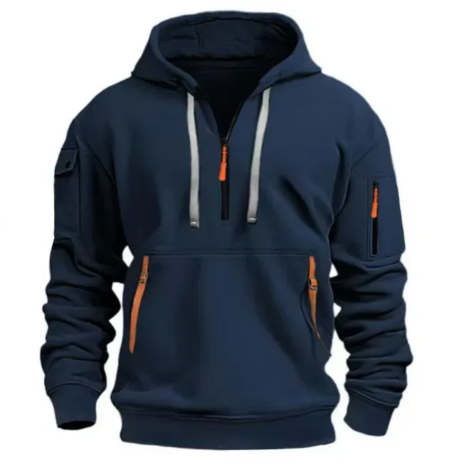 Autumn Men Half Zip Hoodie Multi Zipper Pocket Long Sleeve Pullover Drawstring Hooded Sweatshirt Outdoor Casual Loose Street . — image 6