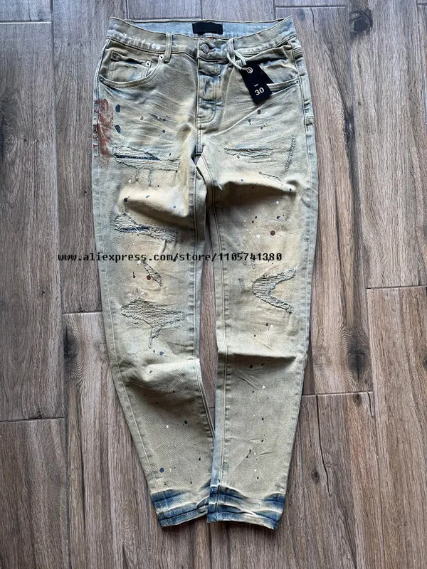 Men's High Street Distressed Washed Light Blue Graffiti Damaged Holes Stretch Skinny Button Fly Ripped Jeans Pants — image 3