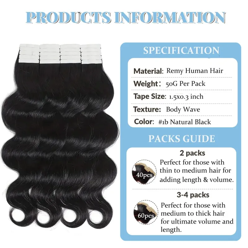 Body Wave Invisible Tape in Hair Extension 100% Human Hair Remy Hair Adhensive Skin Weft Injection Tape in Human Hair Extension — image 3