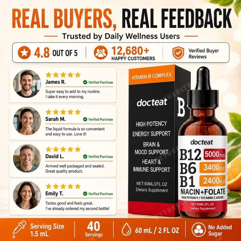 Docteat B Complex Drops 60ml High Potency B12 5000mcg Methylcobalamin Energy Brain Mood Heart Immune Support Non GMO Vegan