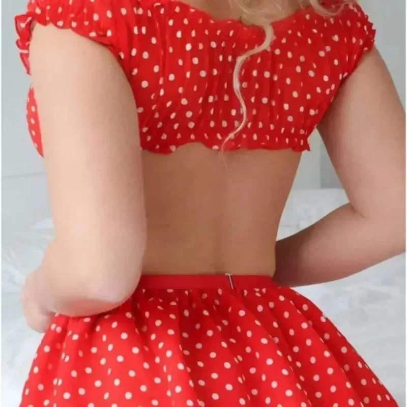 Women's Sexy Polka Dot 2 Piece Lingerie Set Off Shoulder Mesh Tulle Skirt with Garter Straps for Nightwear — image 6