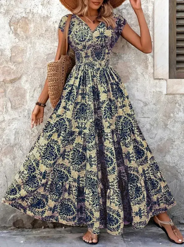 2026 Vintage Floral Print Dress Elegant V-Neck Short Sleeve Long Women's Fashion Retro Gown — image 2