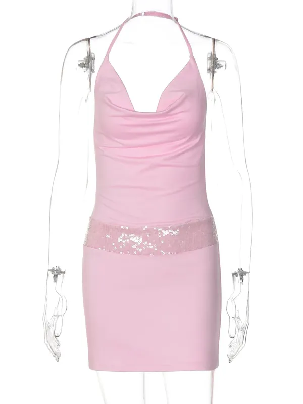 Dulzura Swinging Collar Backless Sequins Slim Fit Halter Mini Dress Women'S Sexy Casual Dress Party Vacation Beach Summer Outfit