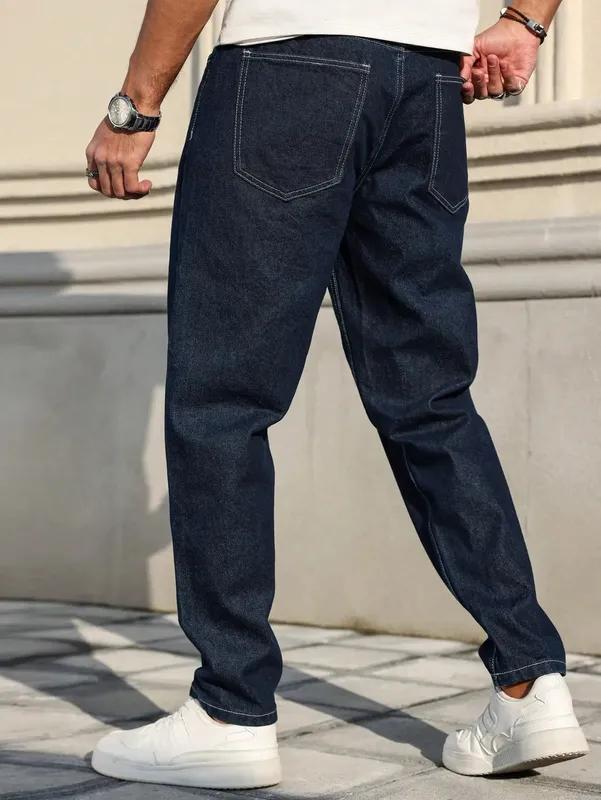 Men Raw Dark Blue Denim Jeans Contrast Stitching Loose Tapered Pants Vintage Non‑wash Straight Taper Trousers Streetwear — image 3