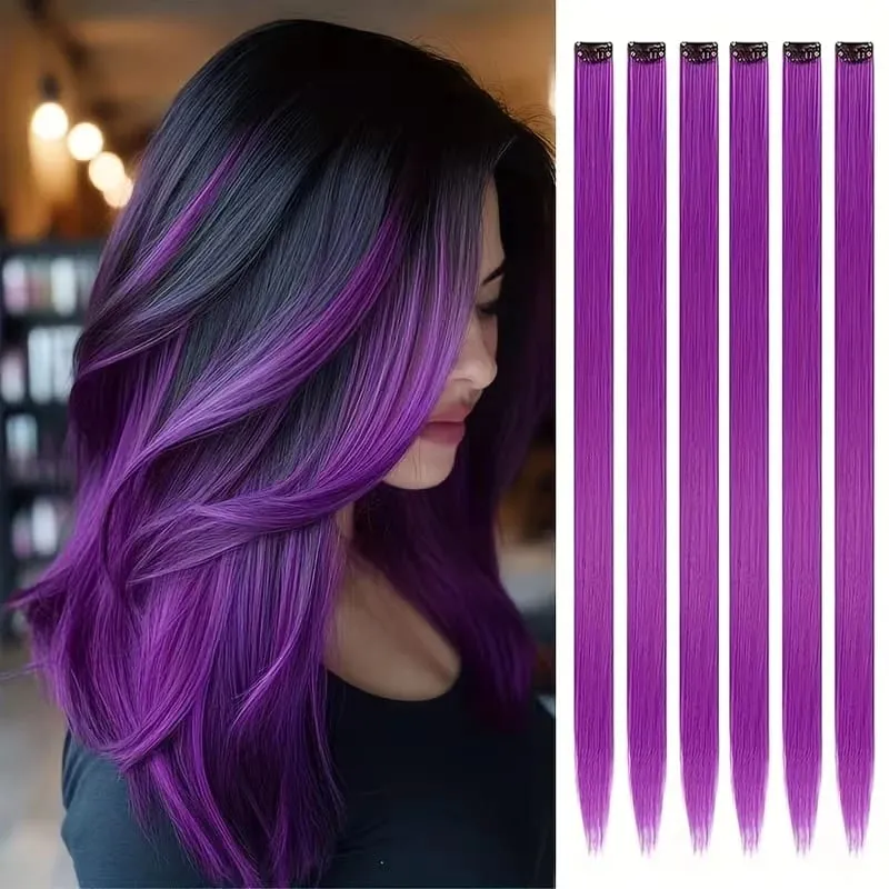 22Inch Synthetic 6pcs Long Straight Hair Extension Colored Rainbow High-Temperature Fiber Hairpiece for Women Daily Party Use — image 17