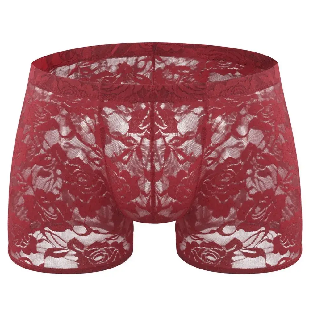 Men See Through Lace Boxer Shorts Bulge Pouch Low Waist Underwear Solid Panties Elastic Waist Breathable Transparent Underwear