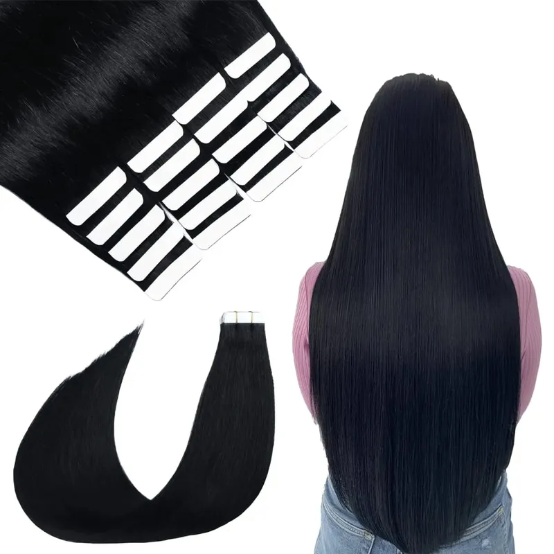 Tape in Hair Extensions Straight Tape in Hair Remy Tape in Hair Extensions Human Hair Color 1 Jet Black 18 inch 20pcs 50g — image 2
