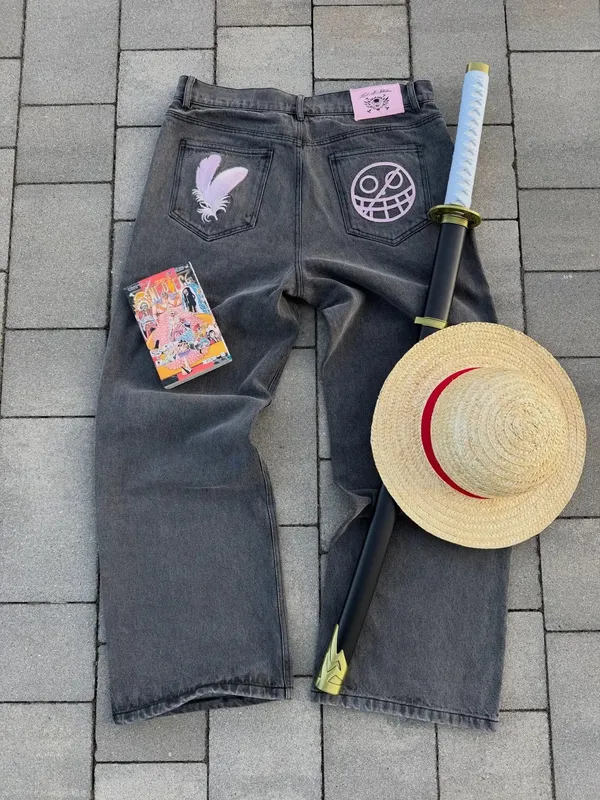 2026 Japanese style high street patchwork embroidered jeans men's goth Harajuku fashion wide leg jeans y2k retro casual pants