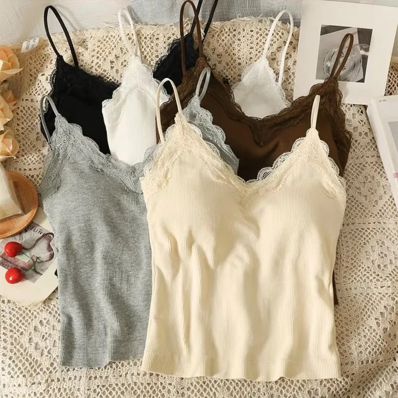 High Quality Fashion Breathable Lace Camisole Strap Bra Solid Color Summer Top Sexy Style Wire-Free Crop Top — image 2