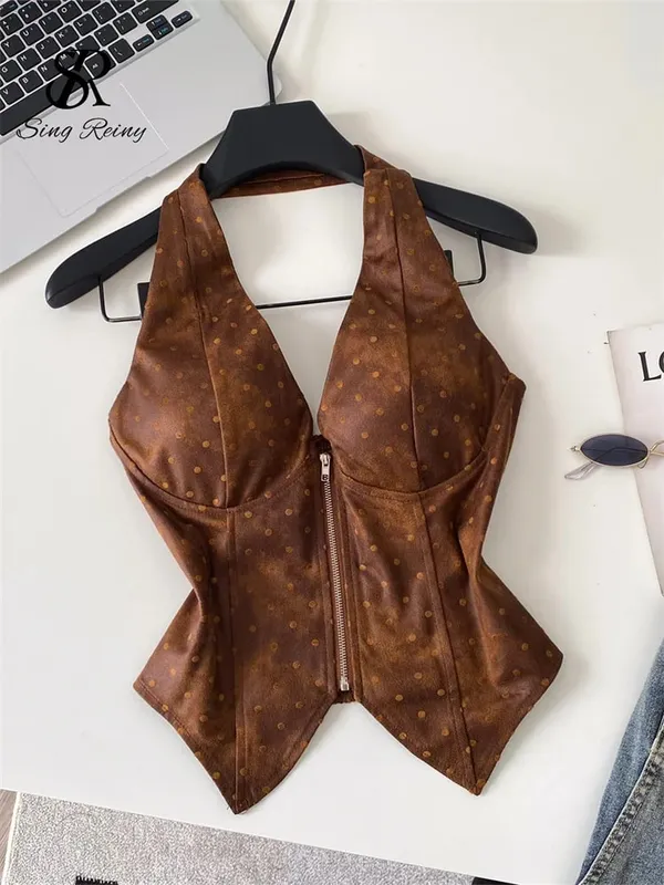 Polka Dot PU Leather Sexy Top Slim Backless Shirred Zipper Sensual Tank Top 2026 Women Trendy Halter Hotsweet Camisole
