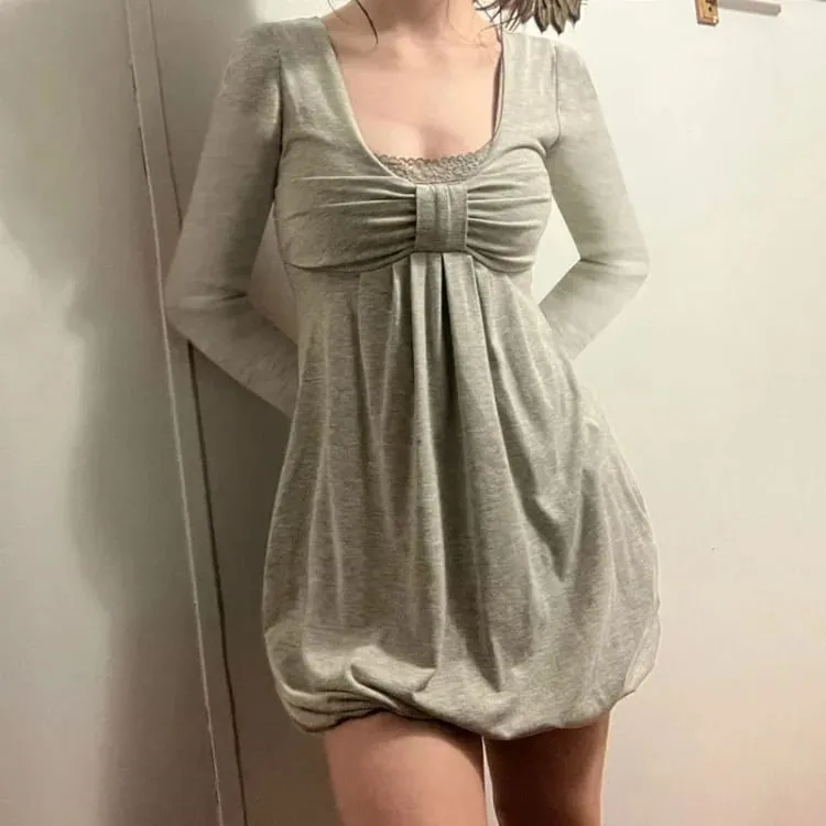 Robe deux pièces élégante en Patchwork avec nœud doux, fausse robe Sexy à col carré pour femmes, manches longues, ample