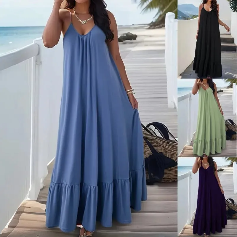 Summer Dresses 2026 New Solid Color Spaghetti Strap Maxi Dress Women V Neck For Beach Party Resort Daily Matching Outfit — image 1