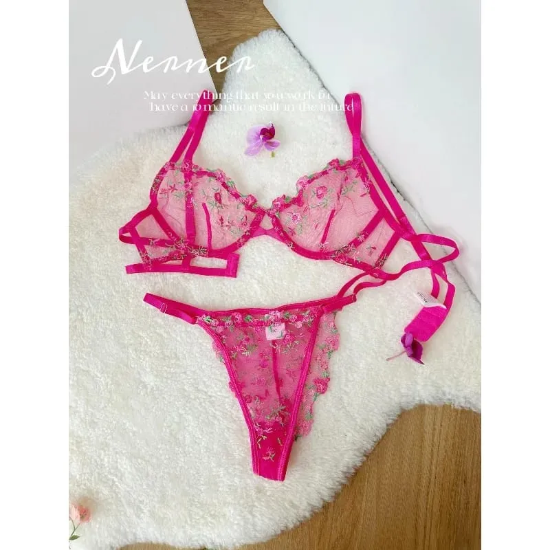Kawaii Japanese Lingerie Set Sheer Tulle Pink Floral Embroidery Bra Bralette sek-si Pure Matching Set BANERDANNI Tushy Bras — image 2