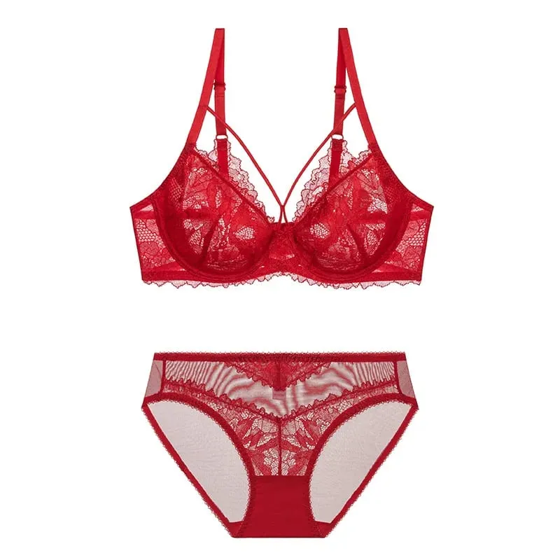 L'bellagiovanna Plus Size Minimizer Bra Set Strappy Caged Lace Lingerie Embroidery Sheer Mesh Bralette Underwire Unlined Bra B-E — image 9