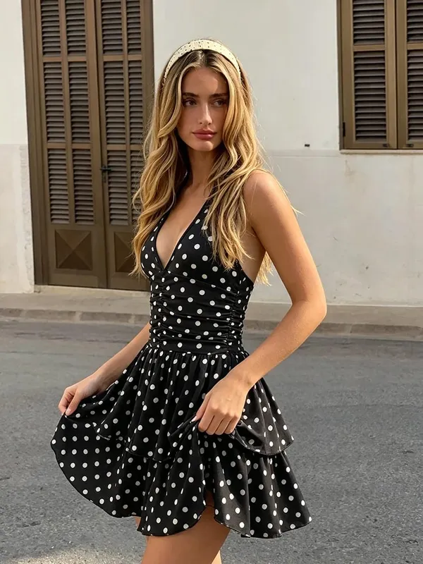 Vintage Polka Dot Halter Dress for Women Deep V‑Neck Backless Ruched Waist Tiered Ruffle Dress Retro Party Casual Short Dresses