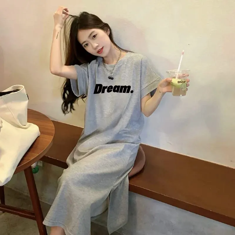Oversized Dream Letter Print Maxi Tshirt Dress Women Short Sleeve Loose Casual Home Long Dress
