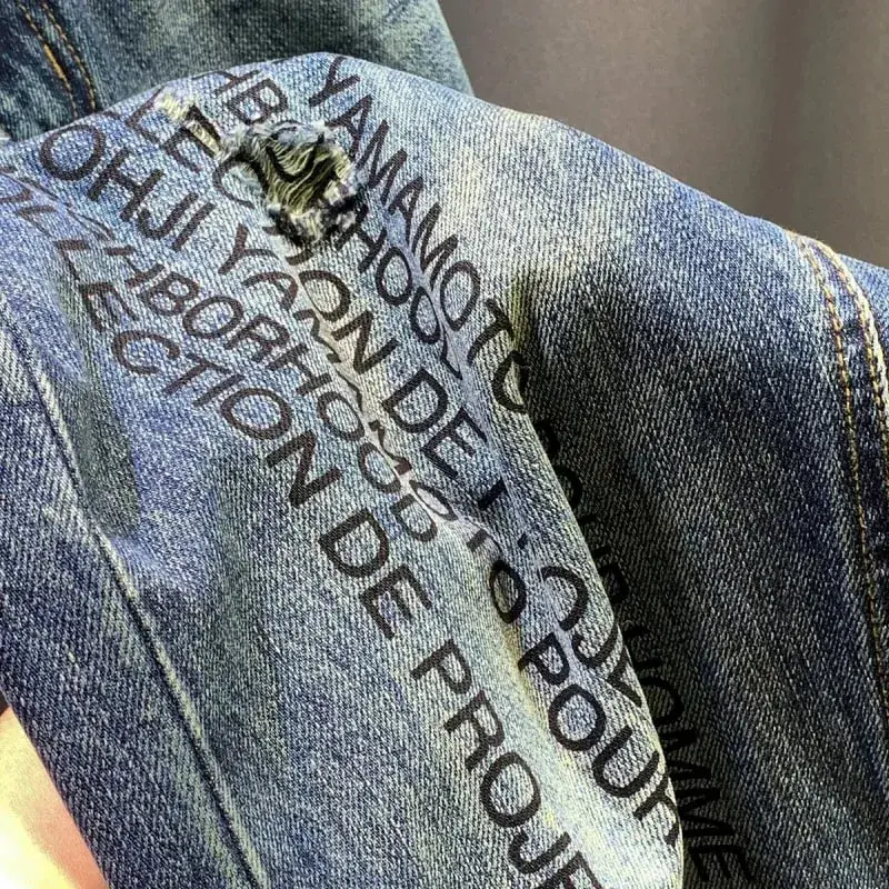2025 Autumn/Winter New Men's Trendy Piercing Patch Jeans with Letter Printed Micro Loose Pants — image 4