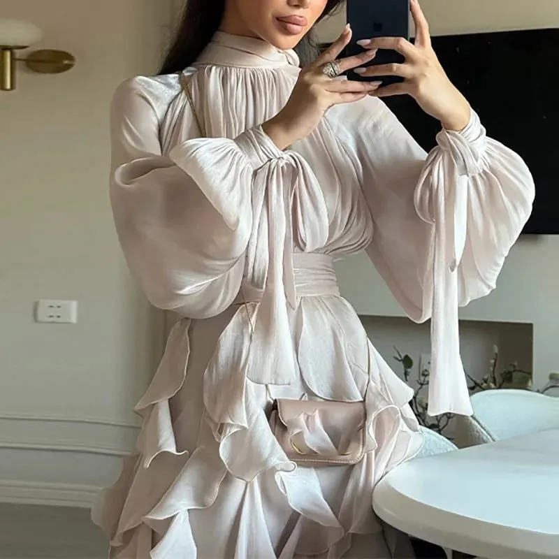 Fashion High Waist Pleat Party Dress Lady Casual High Collar Layered Banquet Dress Elegant Long Sleeve Solid Color Evening Dress — image 2