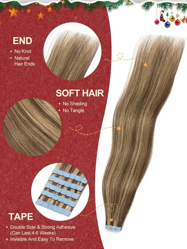 Mini Tape Hair Extensions 12-24 Inch Human Hair Extensions 3x0.8cm Invisible Tape 10pcs per Pack for Side Machine-Remy Hair