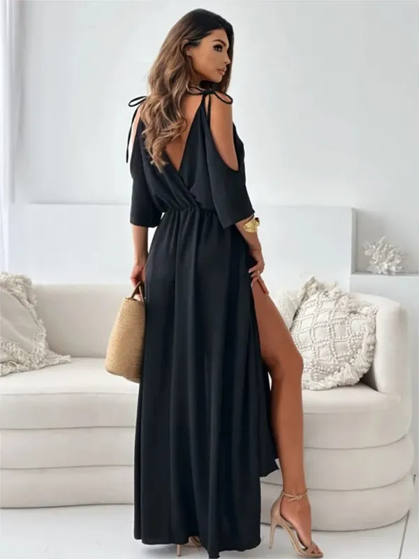 Zomer V-hals Rok Split Jurk Off-shoulder Mouwen Sexy Spaghetti Band Jurk Mode Elegante Losse Strand Jurken Gewaad femme