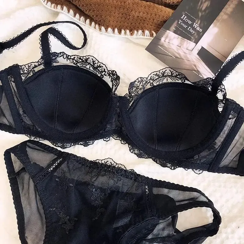 Franse geborduurde kanten lingerie tweedelige set Lichtgewicht ademende zachte beugelbeha met lichte ondersteuning voor kleinere bustes
