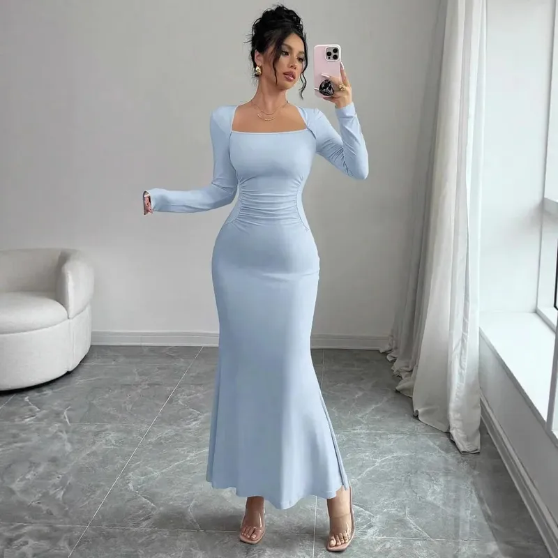 Elegant Long Sleeve Fish Tail Dress Women's Fashionable Slim Fit Sexy Gown Full Length Ankle Skirt Regular Waistline — image 1