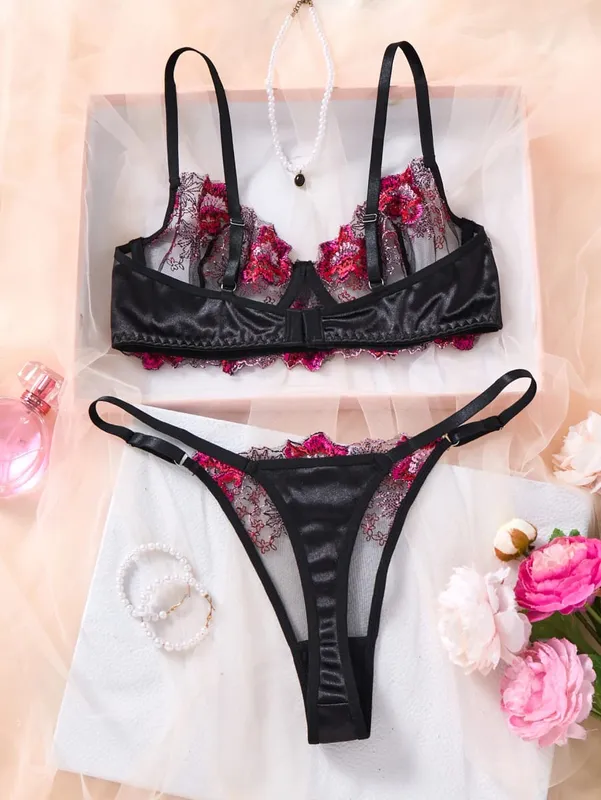 Elegant Black Floral Embroidered Lace Lingerie Set Women Push Up Bra Thong Satin Mesh Romantic Intimate Underwear ZA825146 — image 3