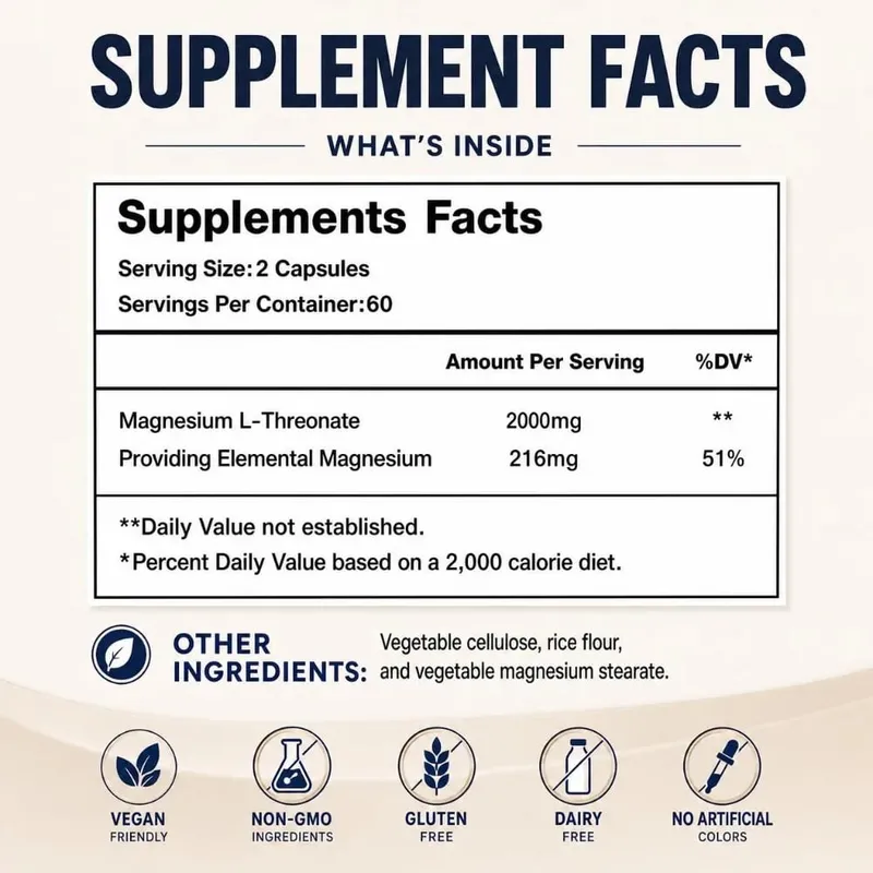 Magnesium L-Threonate 2000mg 120 Vegan Capsules - Brain Health Supplement - Energy Focus Immune Support Non-GMO GMP Dietary — image 2