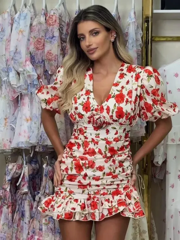 Chic flæseprint Slank kort kjole Kvinder Chic Patchwork Udvidede ærmer V-hals plisserede kjoler 2026 Lady Summer Casual Vestidos