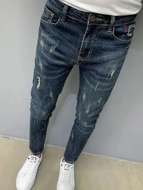 Harajuku Fashion Autumn New Blue Jeans Men's Trendy Brand Scratches Cargo Work Korean Slim-fitting Trousers Luxury Elastic Pants — image 6