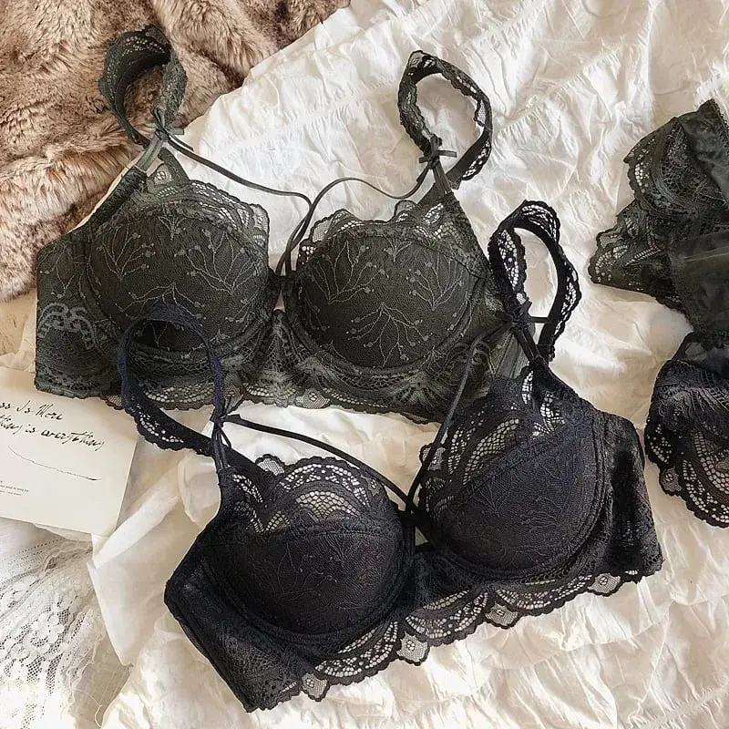 Lace ultra-thin big breasts bra with panties women sexy push up lingerie anti-sagging gathered laides underwear set — image 5