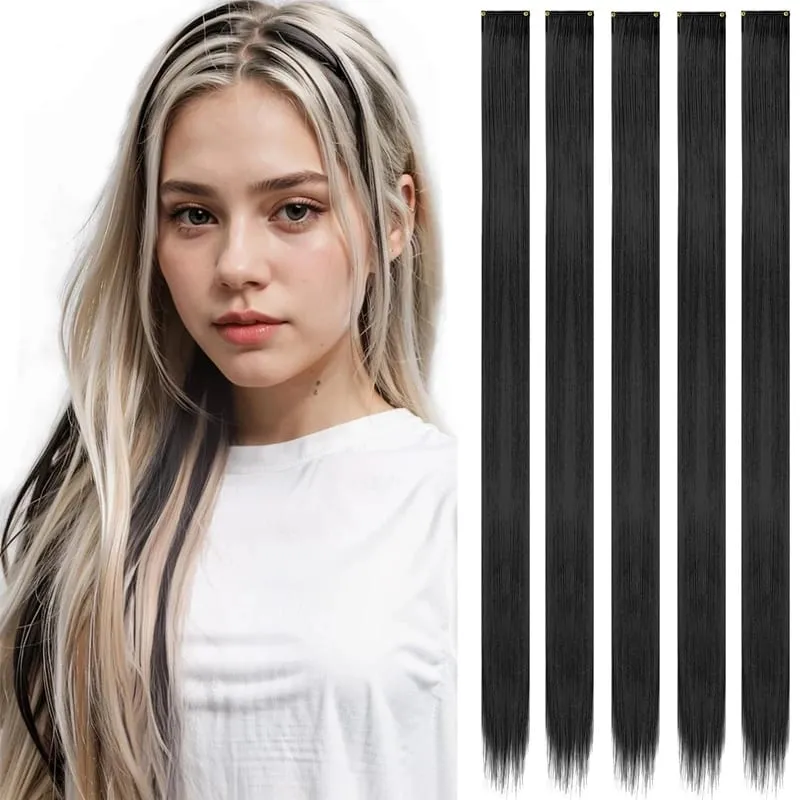 24'' 5Pcs Straight Synthetic Hair Pieces Clip In Hair Extensions Black Colored Hair Clips Women Halloween Cosplay Hairstyle — image 2
