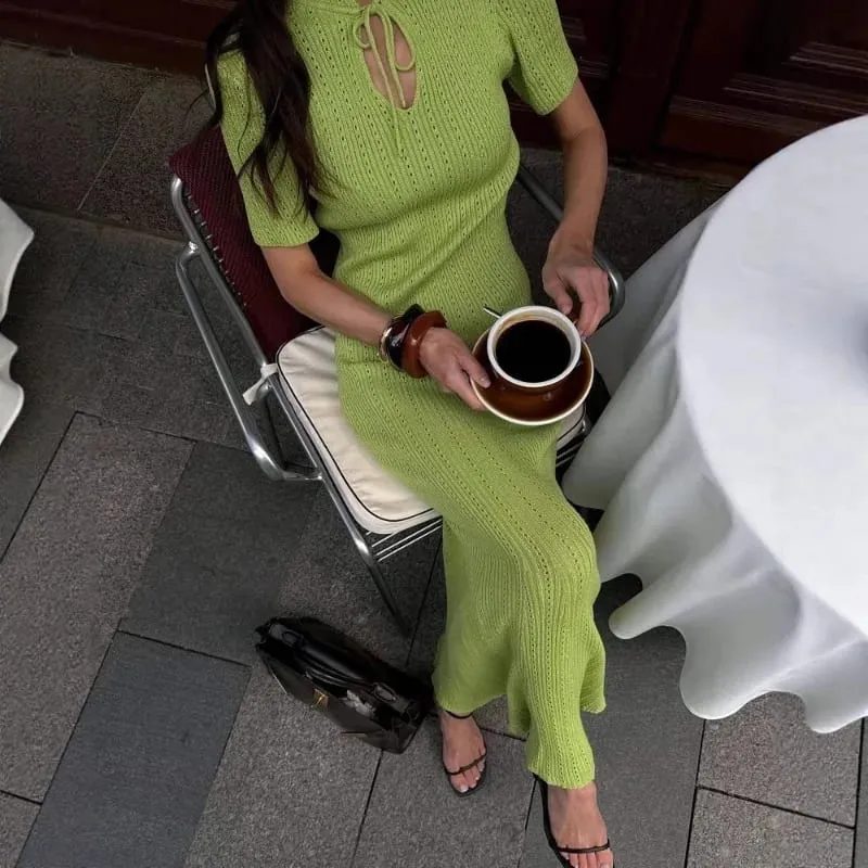 New Knitted Short Sleeve Long Length Waist Bodycon Fishtail Dress Female Hollow Out Lace Up Ribbed Patchwork Elegant Dresses — image 5