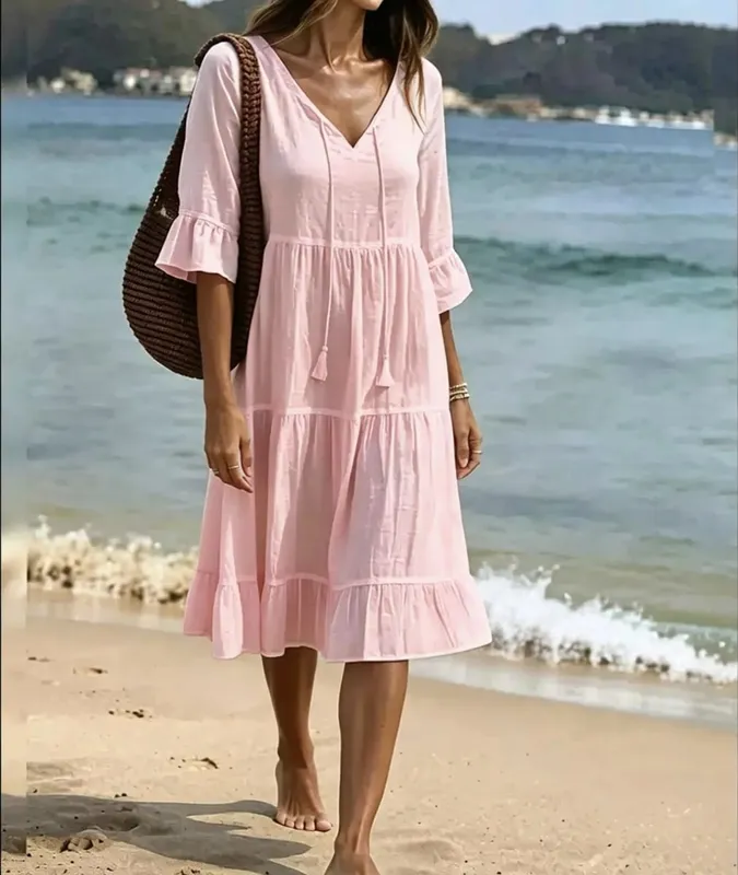 Women V Neck Tassel Drawstring Tiered Midi Dress 3/4 Flare Sleeve Loose Casual Beach Vacation Dress For Summer