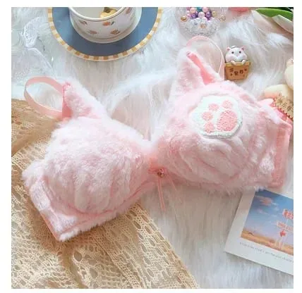 Cute Cat Paw Plush Lingerie Set for Women Warm Winter Bra & Panty with Ears Comfortable Kawaii Underwear