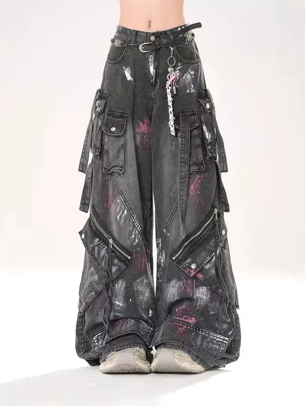 2000s Y2K heavy industry drag pants Gothic multi-pocket hip hop wide leg jeans washed black jeans men and women street pants — image 3