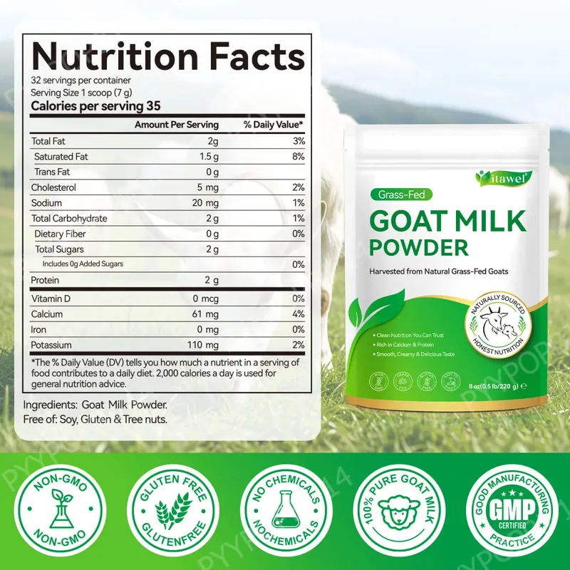 Itawel Goat Milk Nutrition Powder Supplement Grass-Fed Calcium & Protein Support Gluten-Free Easy to Mix 220g 32 Servings