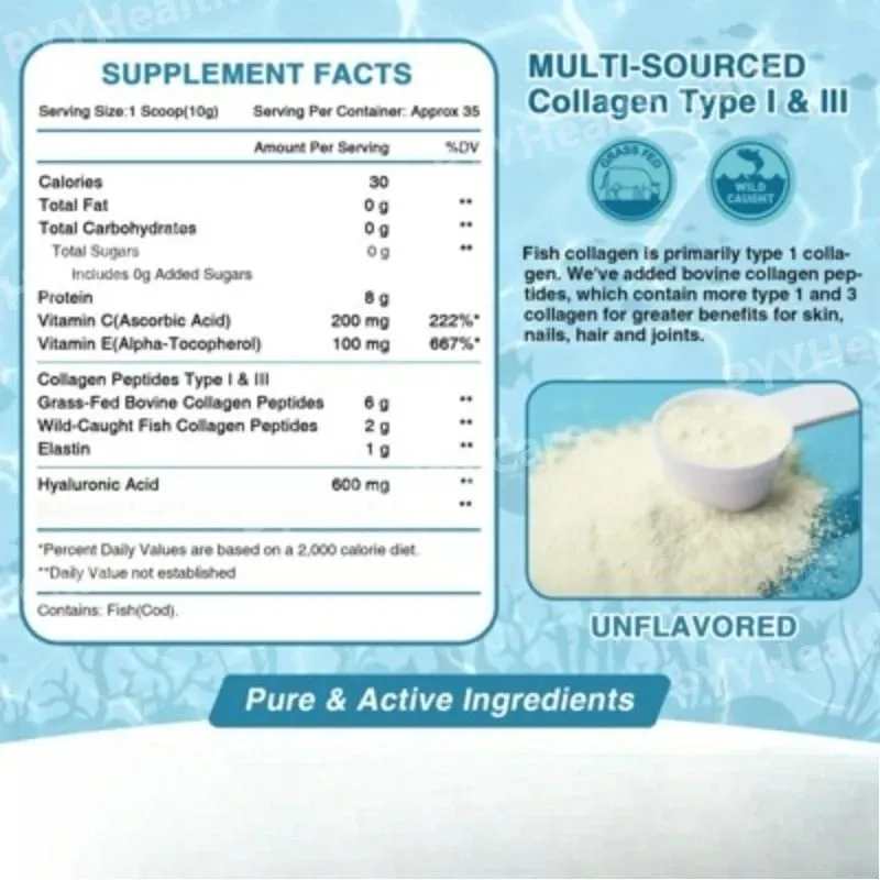 Marine Collagen Peptides Powder - Type I III Collagen with Probiotics Vitamin C & Hyaluronic- Unflavored - 12.35oz/35 Servings — image 2