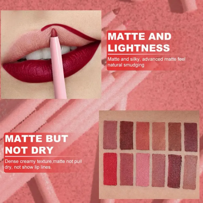 12 Colors Matte Lip Liner Pencil Set Creamy Velvet Lipstick Long Lasting Waterproof Smooth High Pigmented Lip Makeup for Women