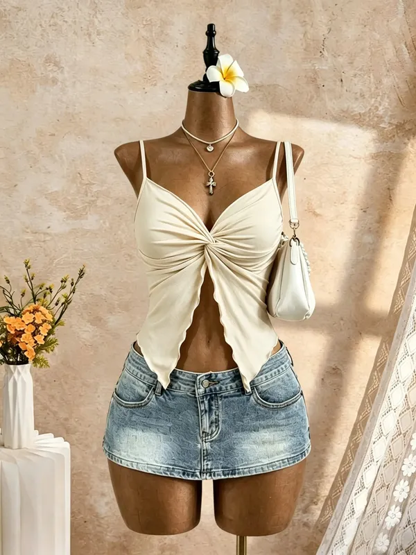 Women Spaghetti Strap V Neck Twist Front Cut Out Ruffle Irregular Hem Slim Fit Crop Cami Top 2026 Summer Y2K Solid White Sleevel