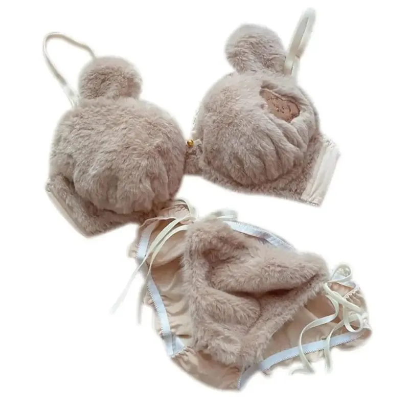 Fashion Women Lingerie Set No Steel Ring Cartoon Bear Winter Bra & Brief Sets Soft Women Lingerie Women — image 3