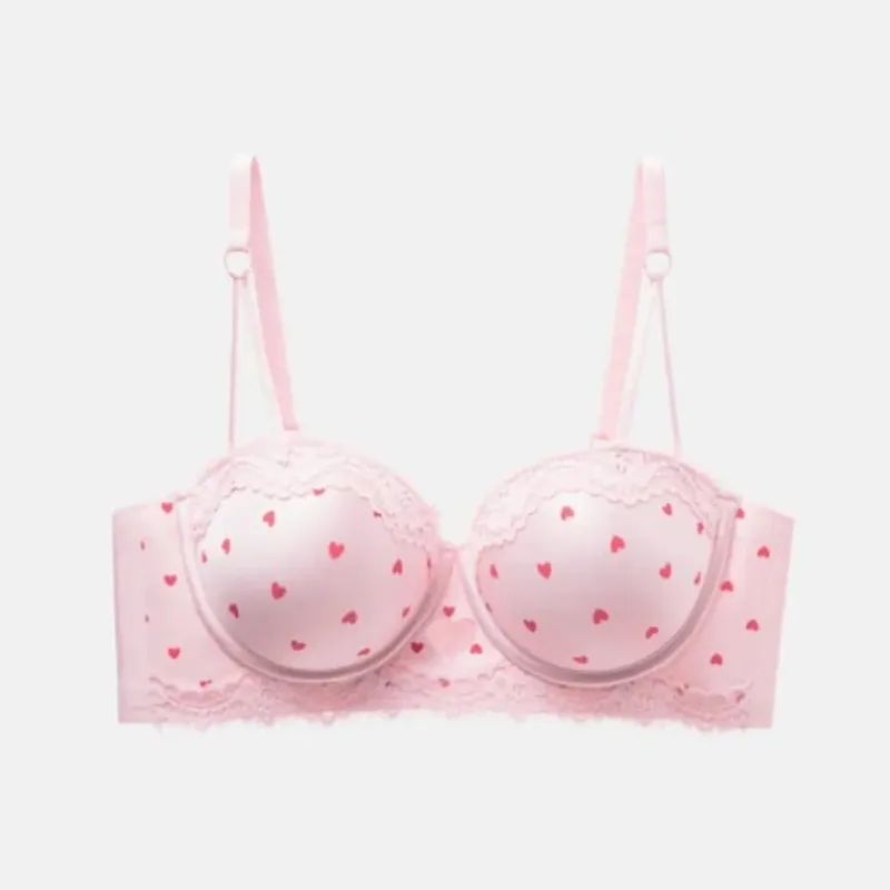 Sweet Girls Heart Lace Bra Set Sexy Push Up Lingerie for Small Breast Anti Sag Side Support Underwear 32‑38AB Bra Set
