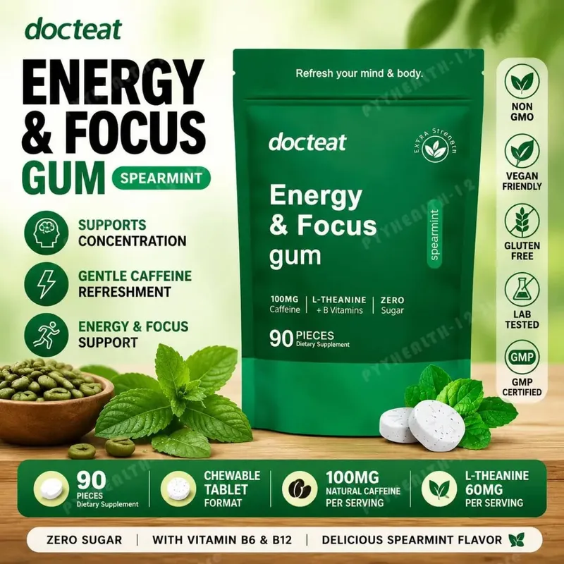 Docteat Energy & Focus Gum Chewable Tablets Zero Sugar with Green Coffee Extract L-Theanine Vitamin B6+B12 90 Chewable Tablets — image 1