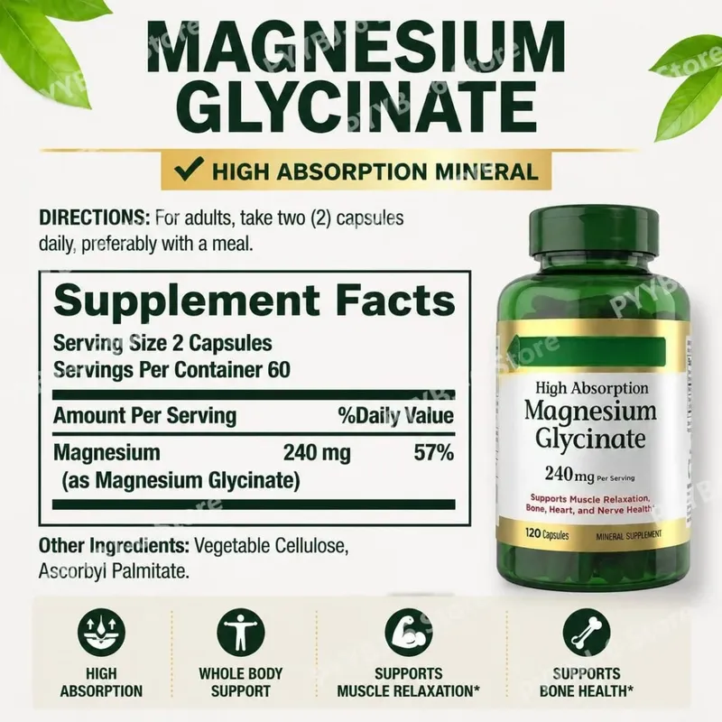 Magnesium Glycinate Capsules High Absorption Supports Muscle Relaxation Supports Bone Health 120 Capsules for Adults