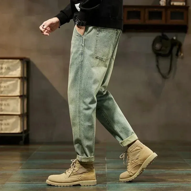 Men's Spring 2026 Loose Harem Pants Denim Retro Solid Comfortable Harajuku Straight Jeans Simple Fashion Versatile Cargo Trouser — image 3