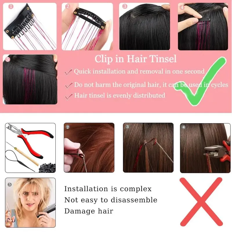 Hair Tinsel Clip in 12 Pcs Hair Tinsel Kit for Girls 20inch Synthetic Glitter Hair Accessories Clip in Hair Extensions for Women