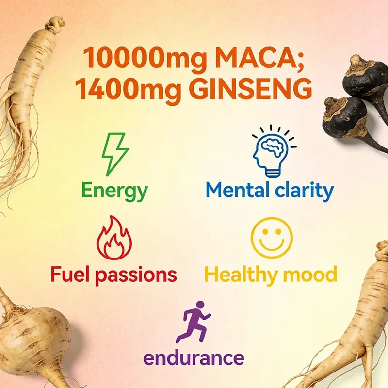 Maca Root Capsules 10000mg with Ginseng Energy Muscle Mood Energy Strength & Men's Health Support Relieve Fatigue — image 7