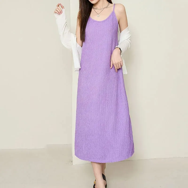 Women Spaghetti Strap Dress 2026 Summer Solid Color Loose Long Beach Sundress Lasy Elegant Sleeveless Evening Party Midi Dresses — image 7