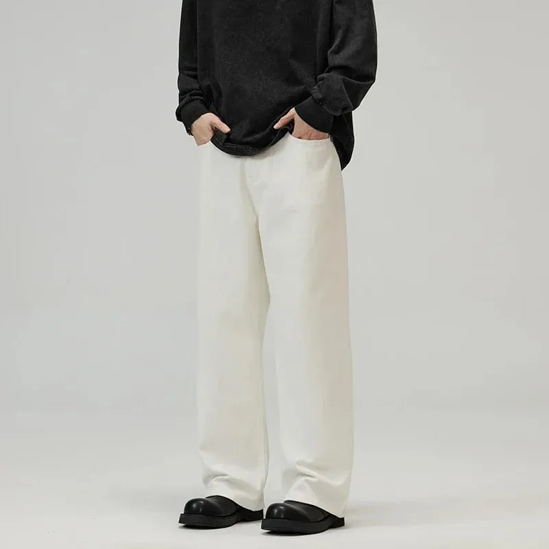 100% Cotton Men's Baggy Straight Jeans Comfortable Soft Casual Pants Fashion Korean White Brown Denim Trousers Male Clothing — image 5