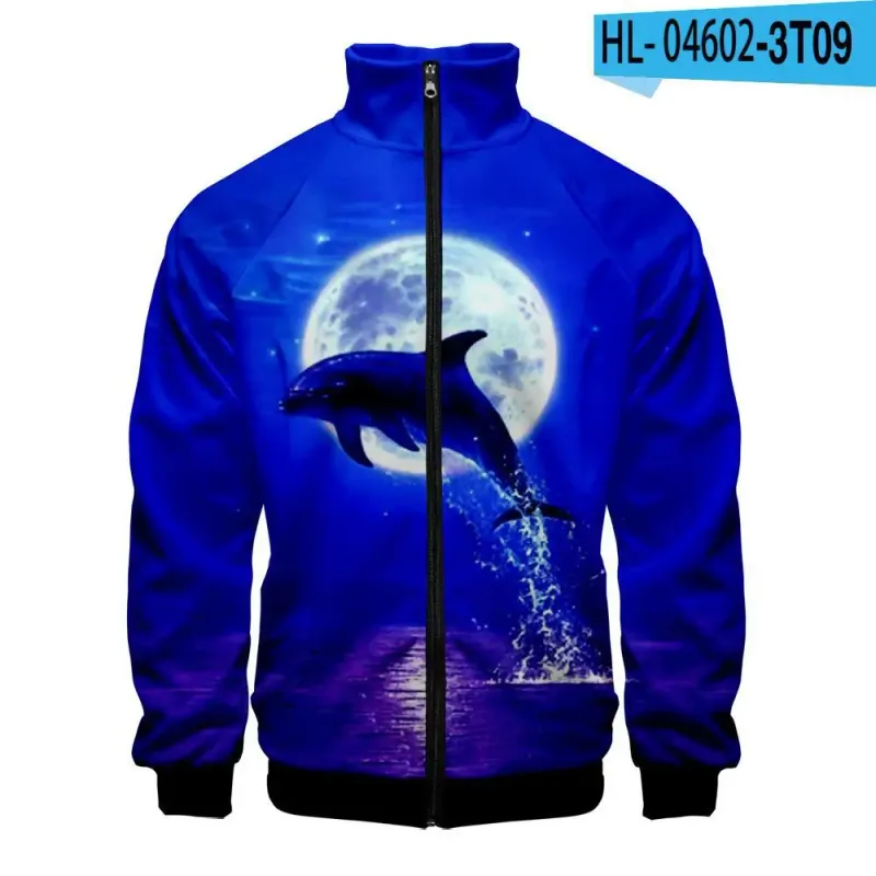 Harajuku Popular Novelty dolphin 3D Print Zipper Raglan Jacket Windbreaker Boys/Girls Comfortable Stand Collar Jackets Coats
